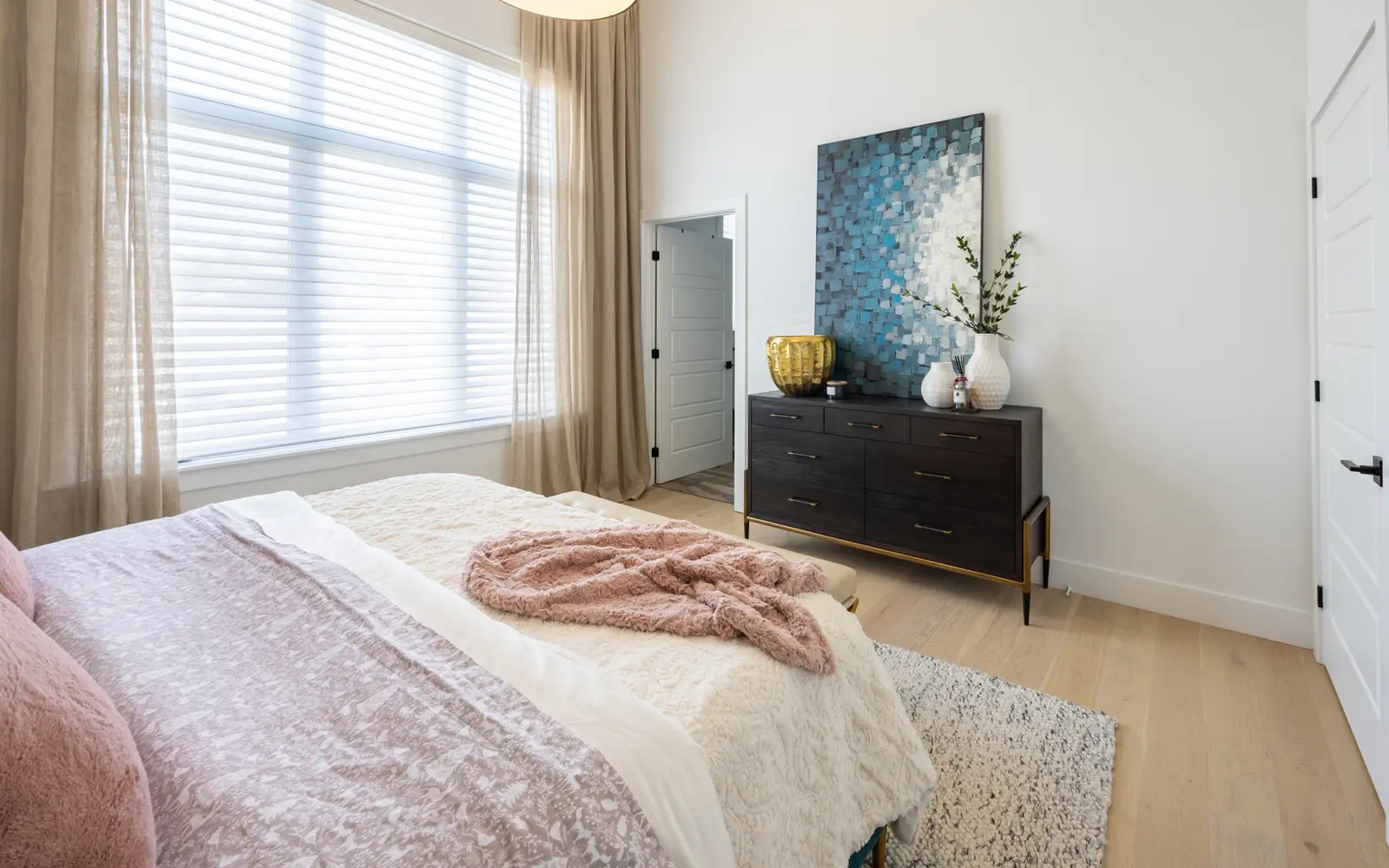 Calm, neutral Halifax bedroom interior designed by MAD Design Interiors